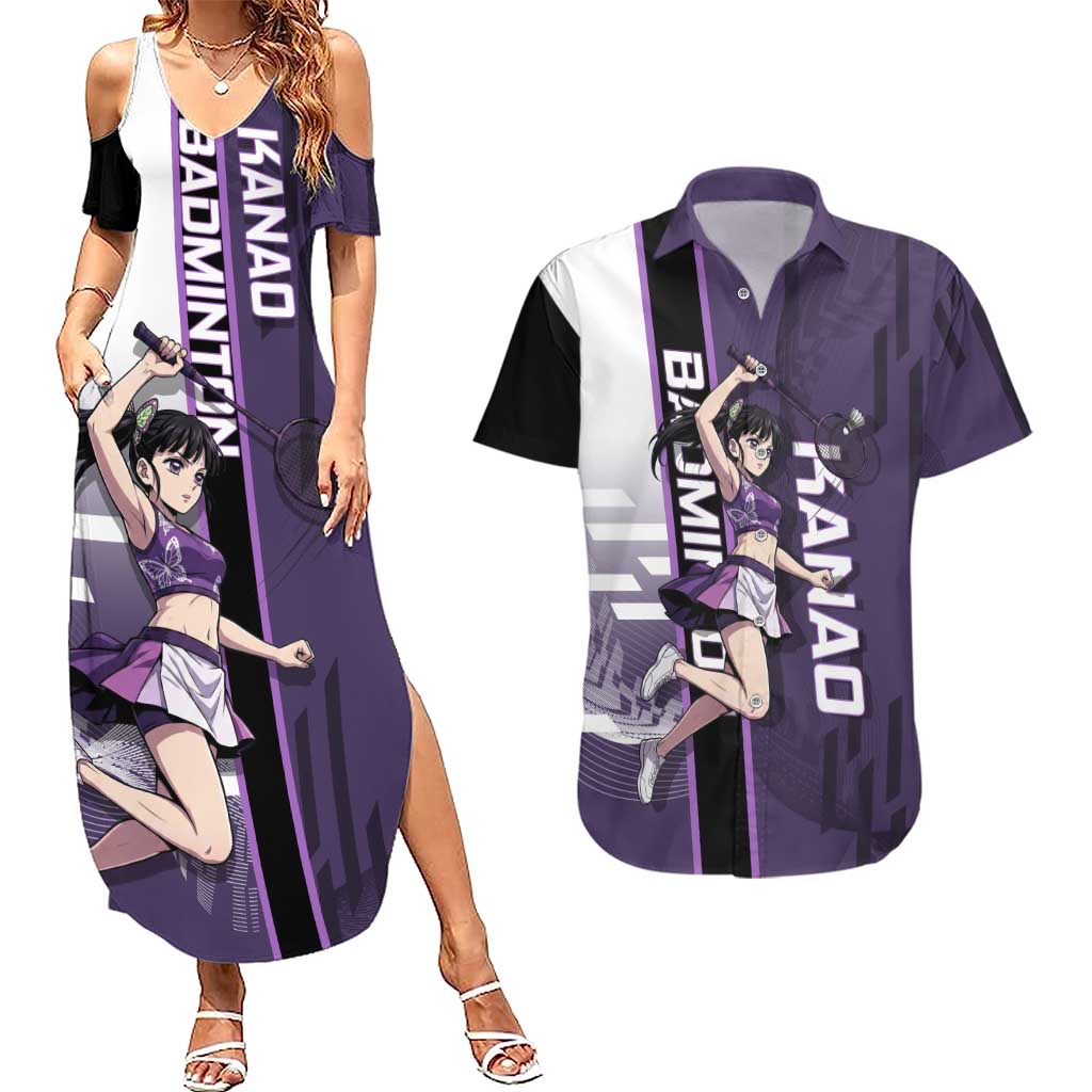 Personalized Shinazugawa Genya Demon Slayer Badminton Couples Matching Summer Maxi Dress and Hawaiian Shirt with Racket Action Pose and Purple White Graphic Design - The Mazicc