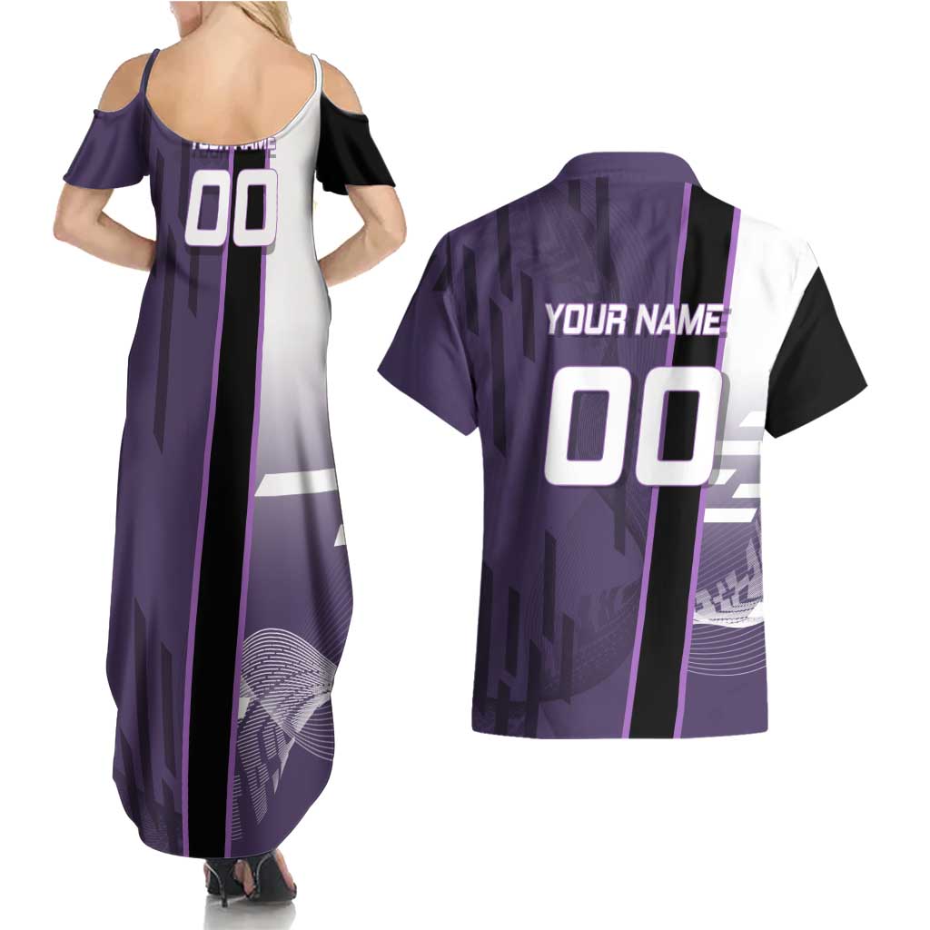 Personalized Shinazugawa Genya Demon Slayer Badminton Couples Matching Summer Maxi Dress and Hawaiian Shirt with Racket Action Pose and Purple White Graphic Design - The Mazicc