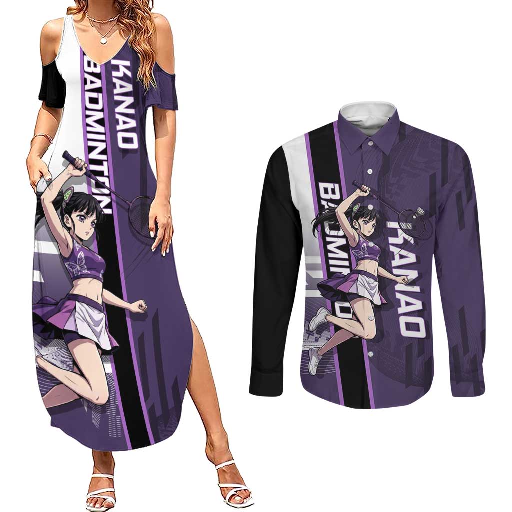 Personalized Shinazugawa Genya Demon Slayer Badminton Couples Matching Summer Maxi Dress and Long Sleeve Button Shirt with Racket Action Pose and Purple White Graphic Design - The Mazicc