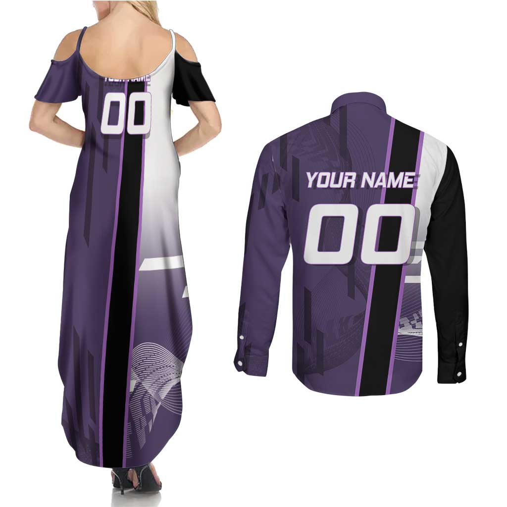 Personalized Shinazugawa Genya Demon Slayer Badminton Couples Matching Summer Maxi Dress and Long Sleeve Button Shirt with Racket Action Pose and Purple White Graphic Design - The Mazicc
