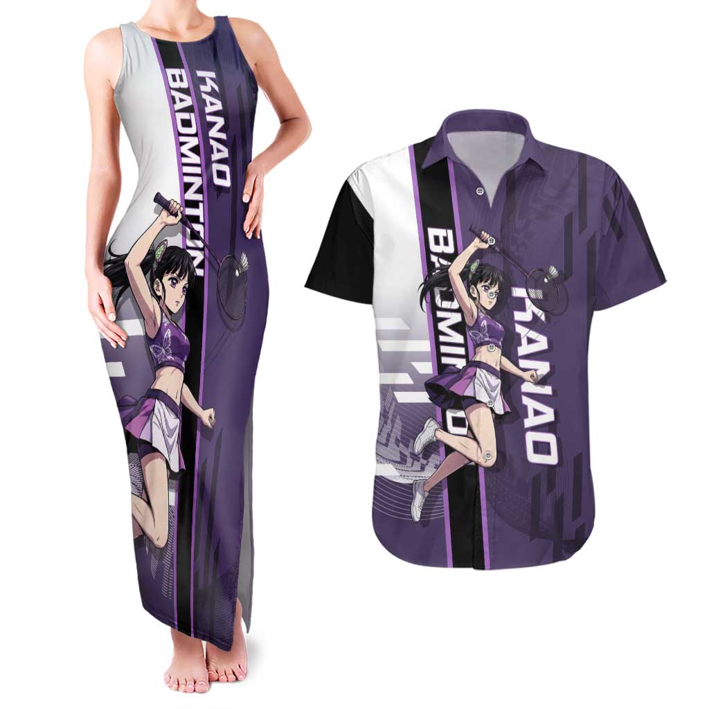 Personalized Shinazugawa Genya Demon Slayer Badminton Couples Matching Tank Maxi Dress and Hawaiian Shirt with Racket Action Pose and Purple White Graphic Design - The Mazicc