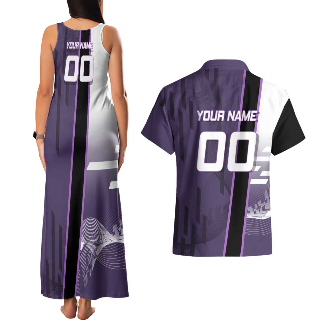 Personalized Shinazugawa Genya Demon Slayer Badminton Couples Matching Tank Maxi Dress and Hawaiian Shirt with Racket Action Pose and Purple White Graphic Design - The Mazicc
