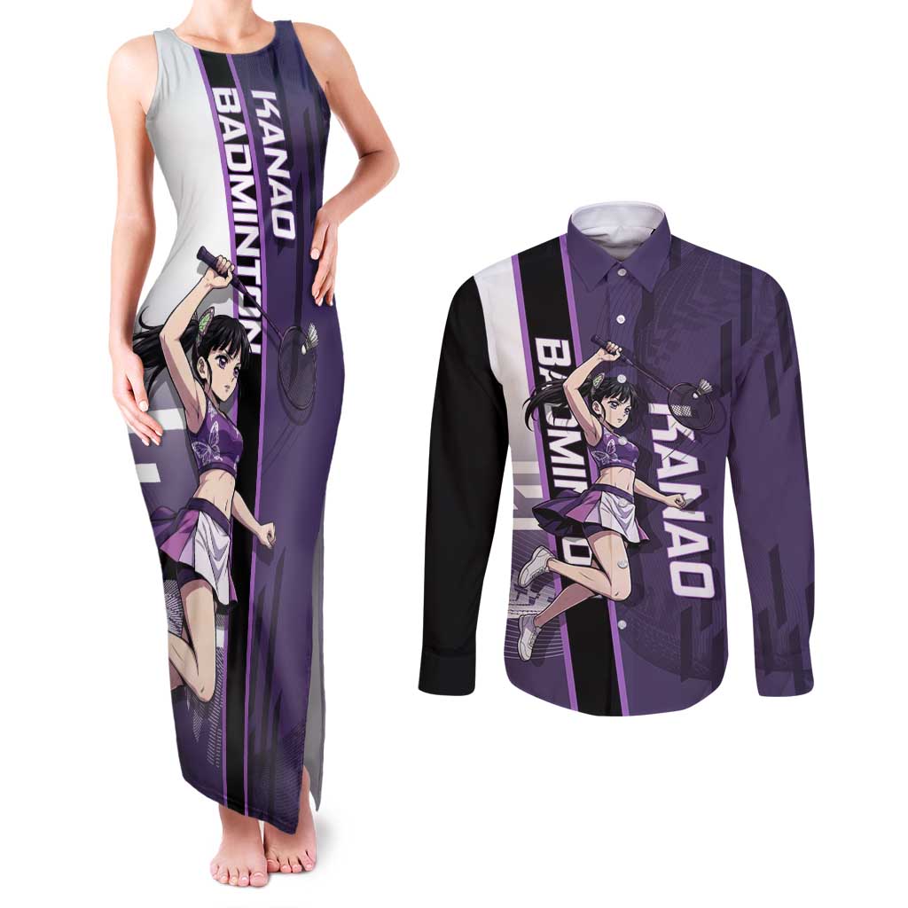 Personalized Shinazugawa Genya Demon Slayer Badminton Couples Matching Tank Maxi Dress and Long Sleeve Button Shirt with Racket Action Pose and Purple White Graphic Design - The Mazicc