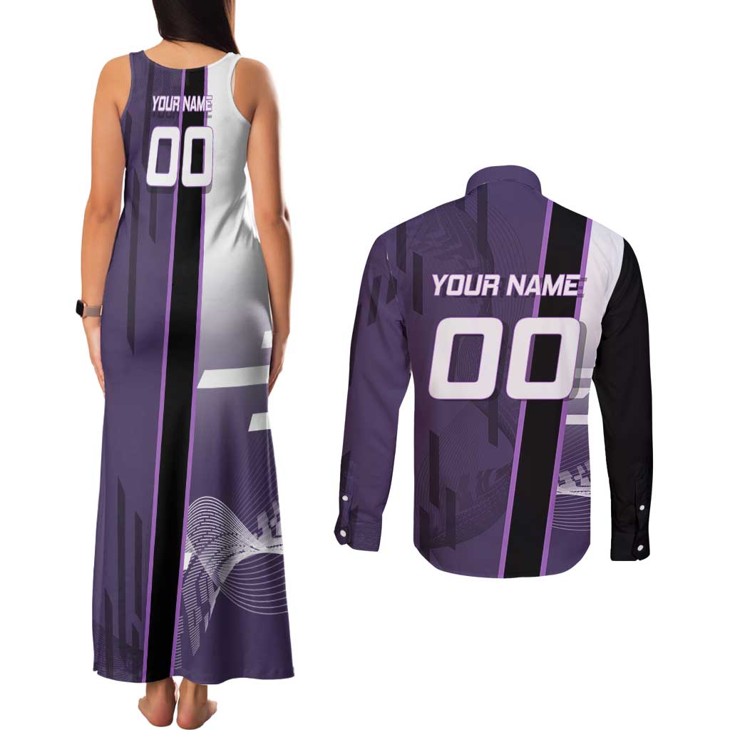 Personalized Shinazugawa Genya Demon Slayer Badminton Couples Matching Tank Maxi Dress and Long Sleeve Button Shirt with Racket Action Pose and Purple White Graphic Design - The Mazicc
