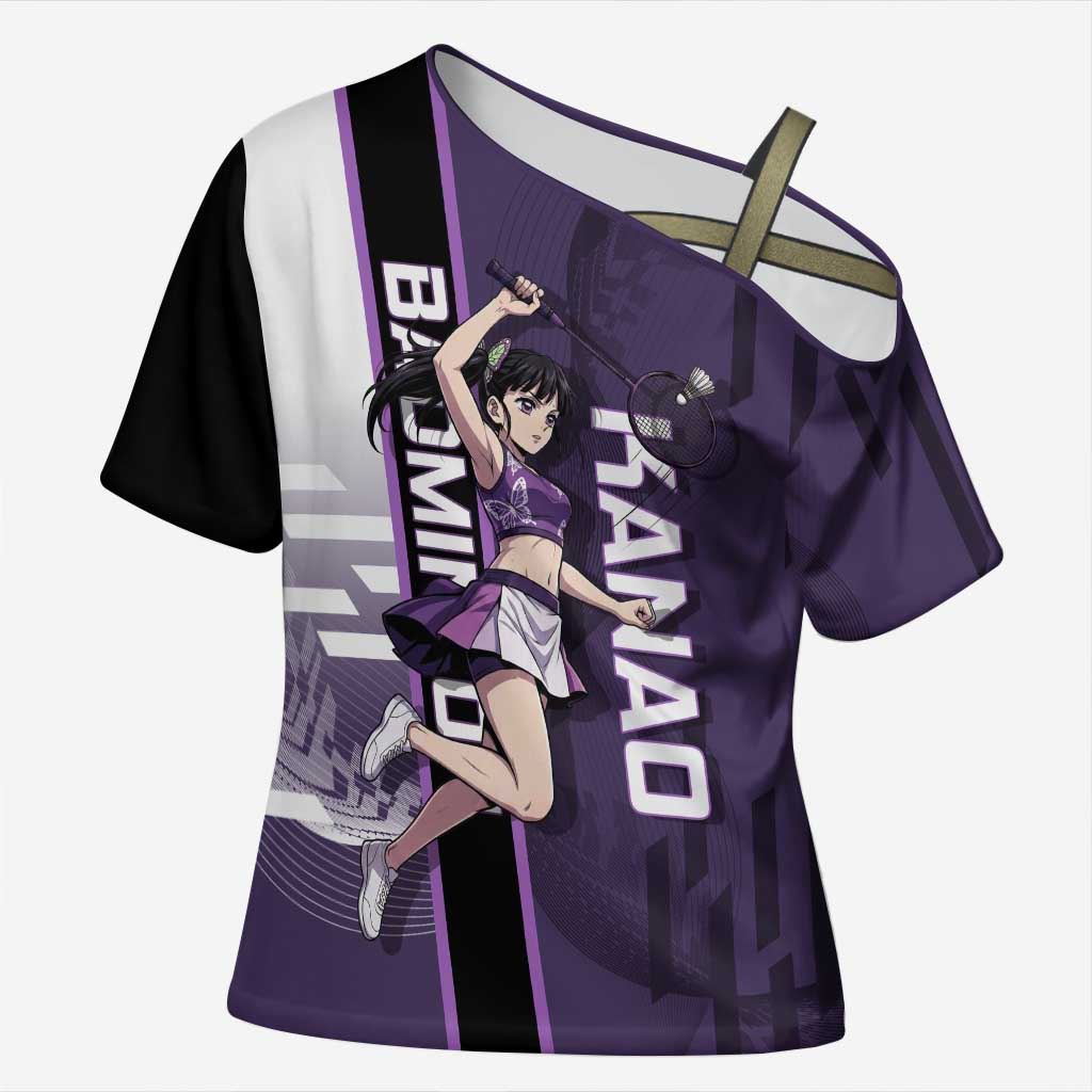 Personalized Shinazugawa Genya Demon Slayer Badminton Cross Shoulder Shirt with Racket Action Pose and Purple White Graphic Design - The Mazicc