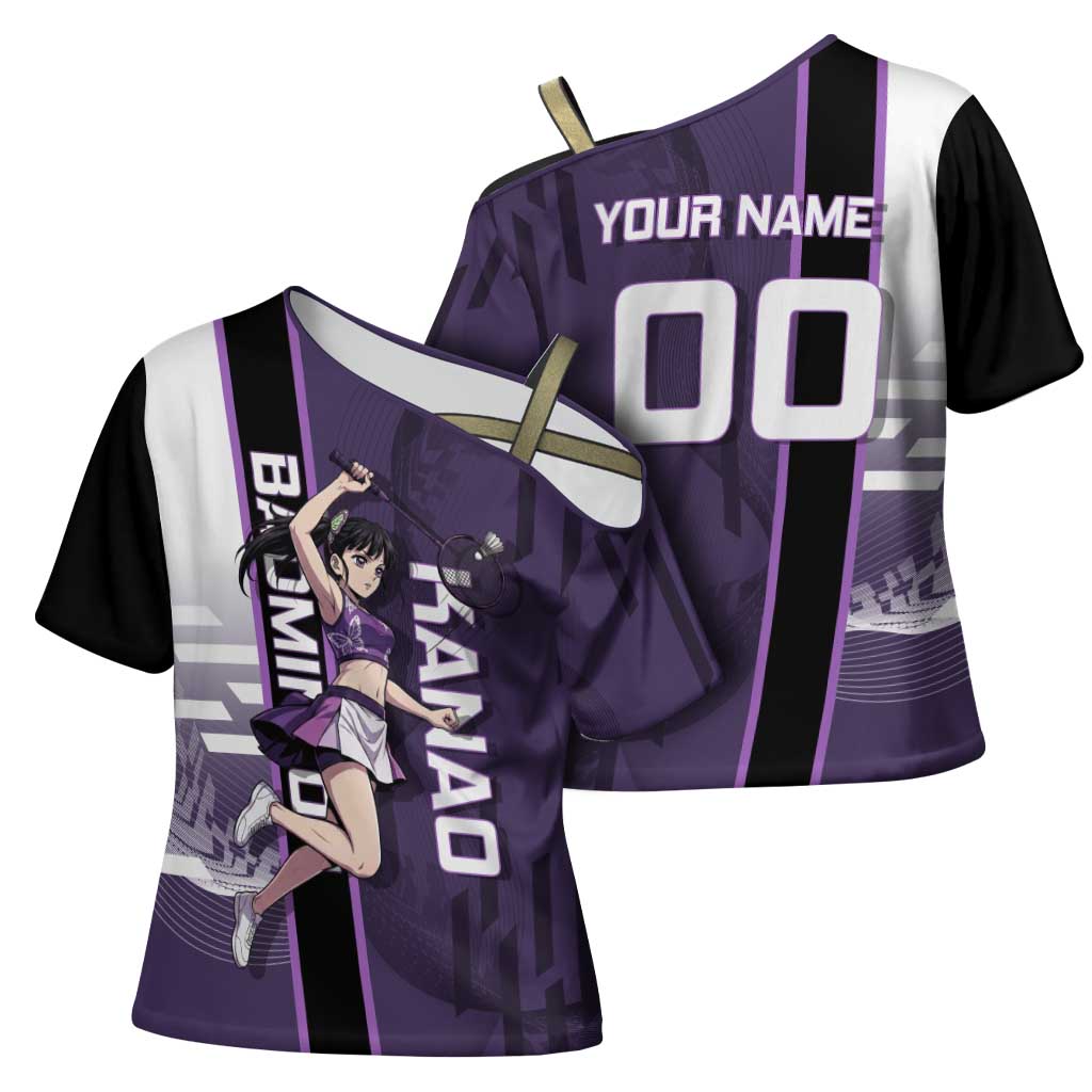 Personalized Shinazugawa Genya Demon Slayer Badminton Cross Shoulder Shirt with Racket Action Pose and Purple White Graphic Design - The Mazicc