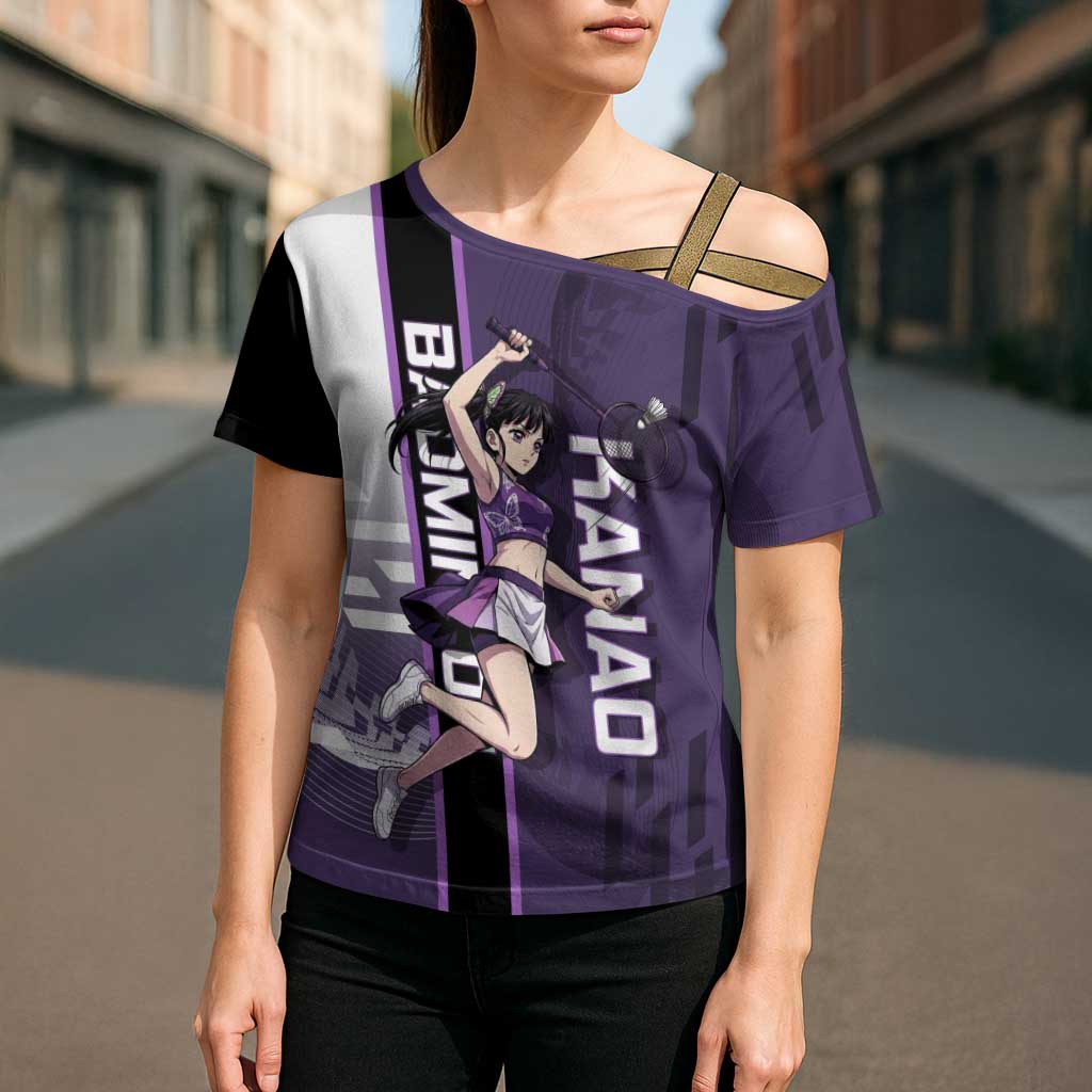 Personalized Shinazugawa Genya Demon Slayer Badminton Cross Shoulder Shirt with Racket Action Pose and Purple White Graphic Design - The Mazicc