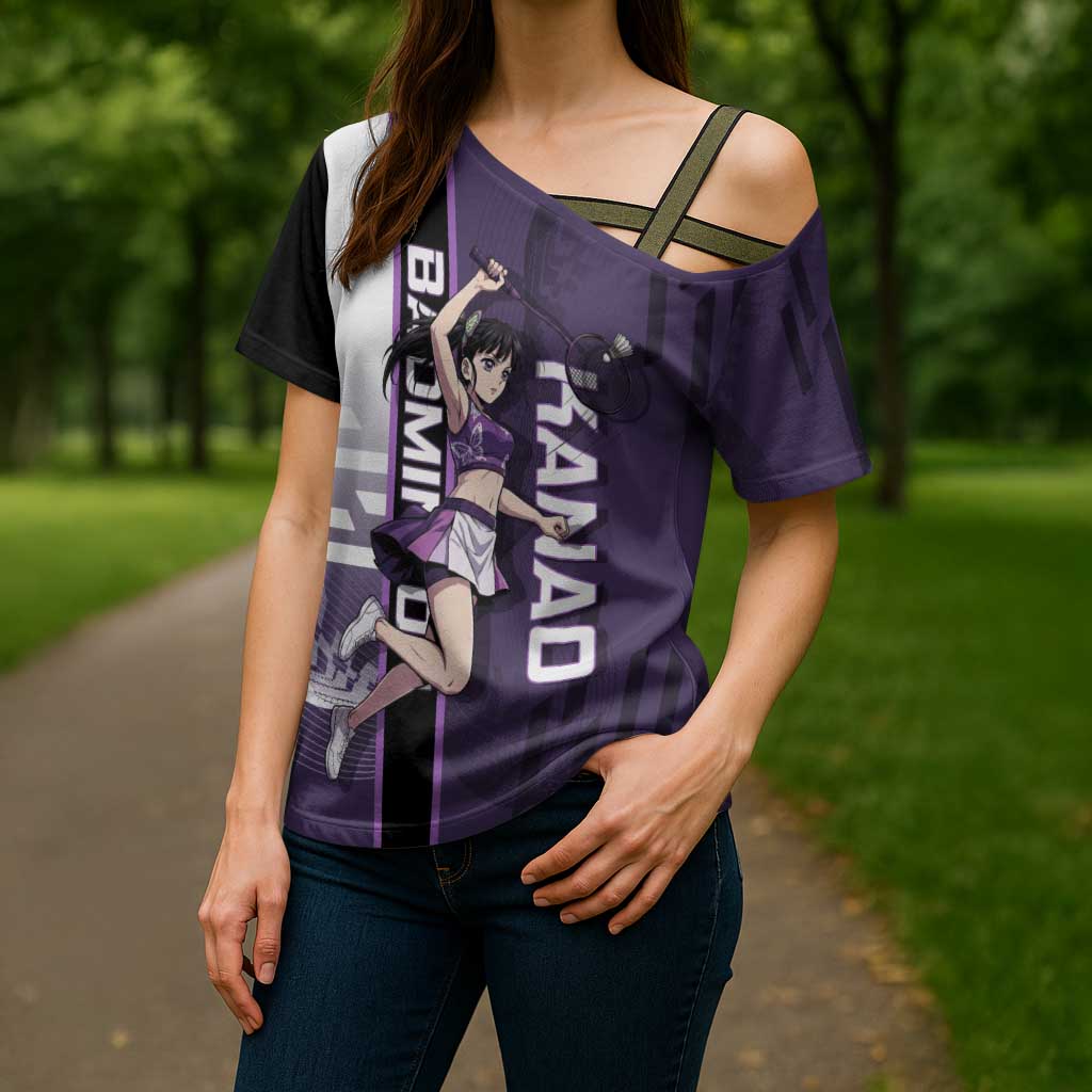 Personalized Shinazugawa Genya Demon Slayer Badminton Cross Shoulder Shirt with Racket Action Pose and Purple White Graphic Design - The Mazicc