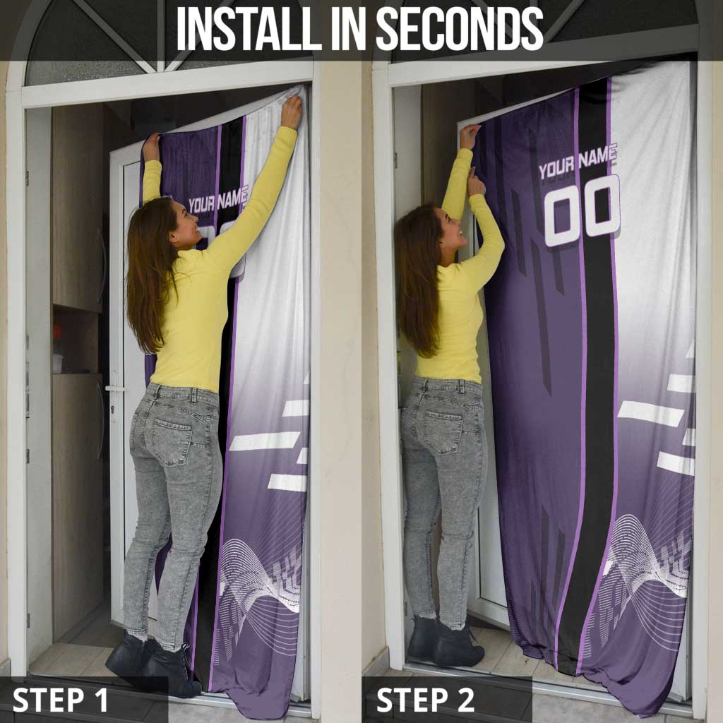 Personalized Shinazugawa Genya Demon Slayer Badminton Door Cover with Racket Action Pose and Purple White Graphic Design - The Mazicc