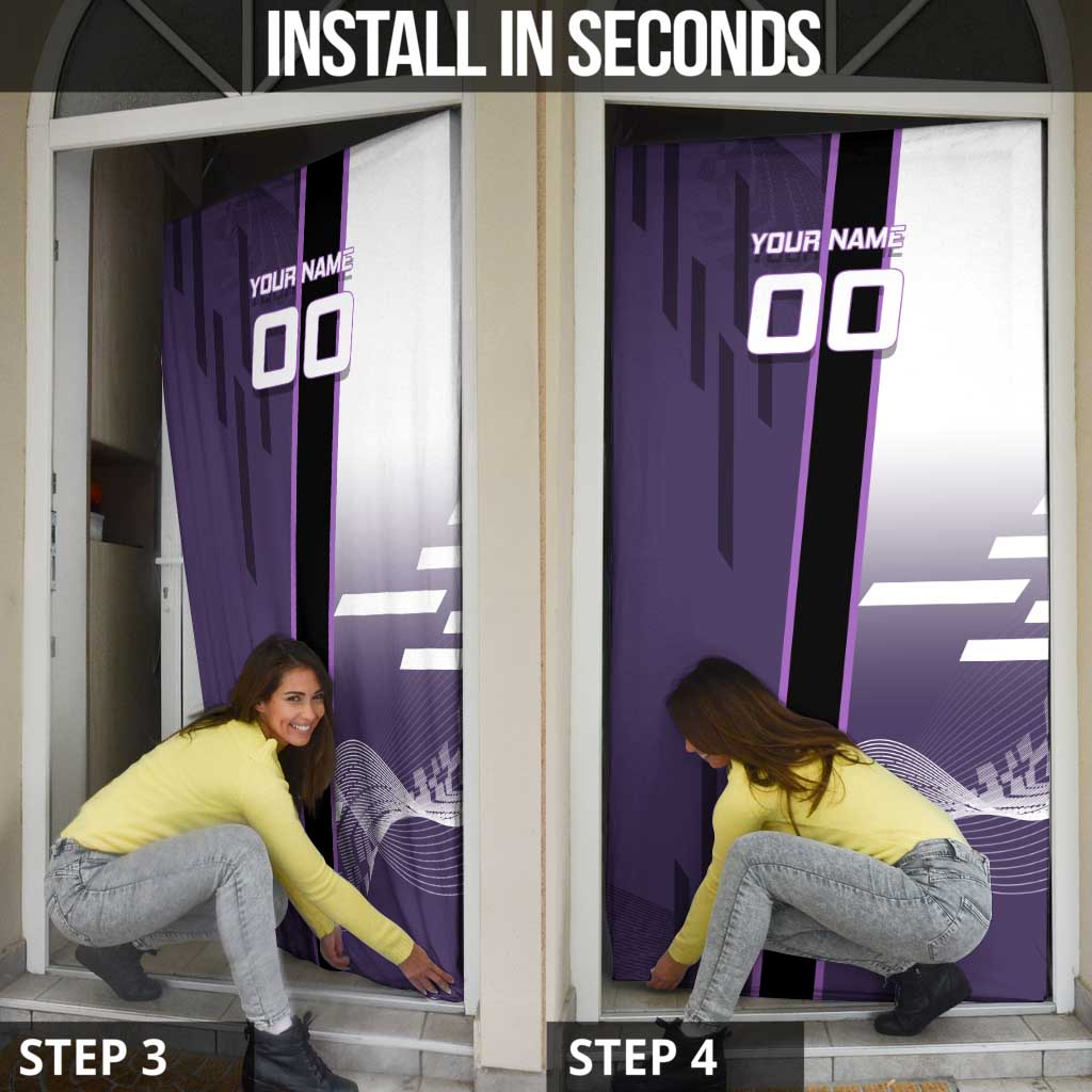 Personalized Shinazugawa Genya Demon Slayer Badminton Door Cover with Racket Action Pose and Purple White Graphic Design - The Mazicc