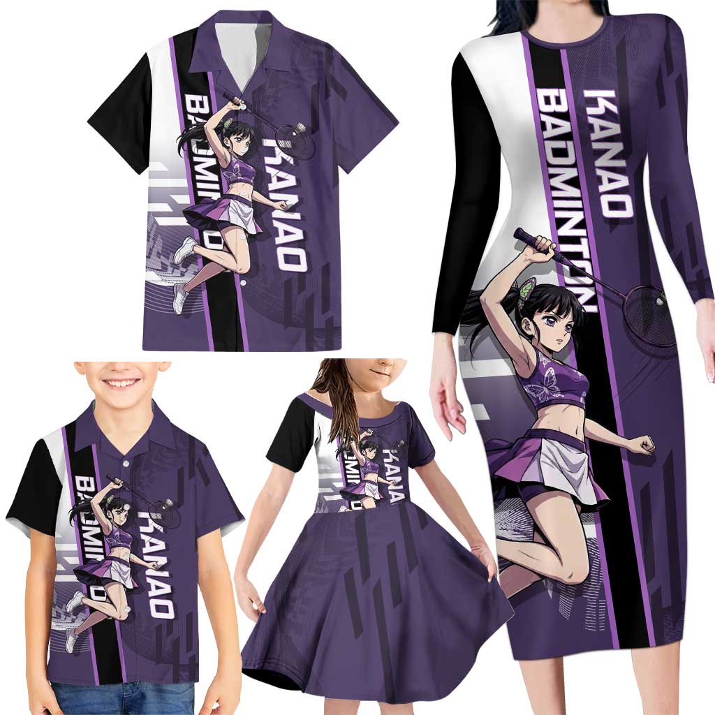 Personalized Shinazugawa Genya Demon Slayer Badminton Family Matching Long Sleeve Bodycon Dress and Hawaiian Shirt with Racket Action Pose and Purple White Graphic Design