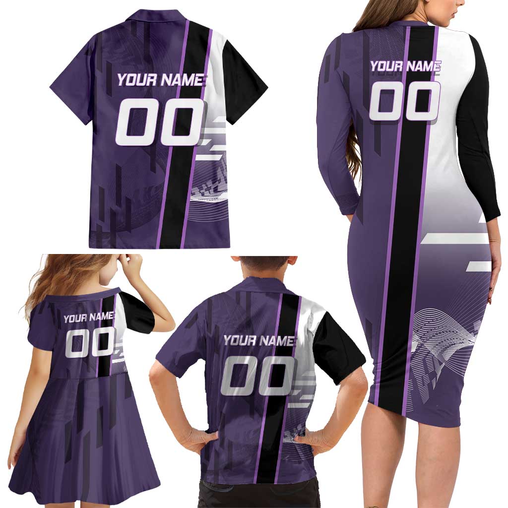 Personalized Shinazugawa Genya Demon Slayer Badminton Family Matching Long Sleeve Bodycon Dress and Hawaiian Shirt with Racket Action Pose and Purple White Graphic Design