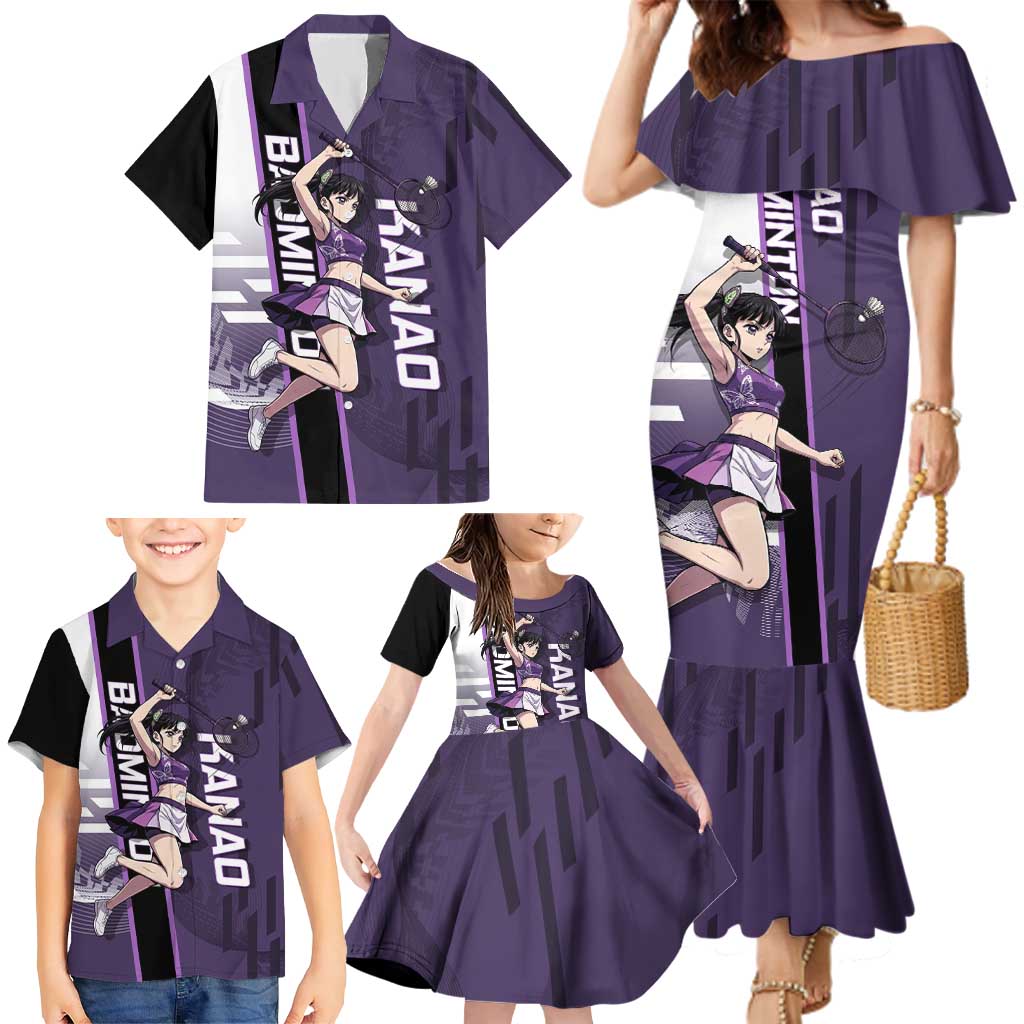 Personalized Shinazugawa Genya Demon Slayer Badminton Family Matching Mermaid Dress and Hawaiian Shirt with Racket Action Pose and Purple White Graphic Design