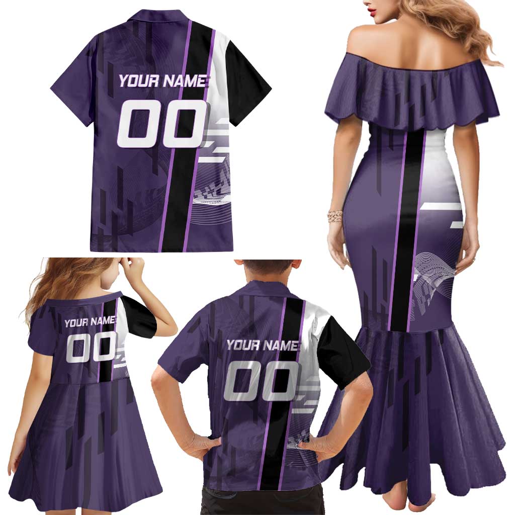 Personalized Shinazugawa Genya Demon Slayer Badminton Family Matching Mermaid Dress and Hawaiian Shirt with Racket Action Pose and Purple White Graphic Design