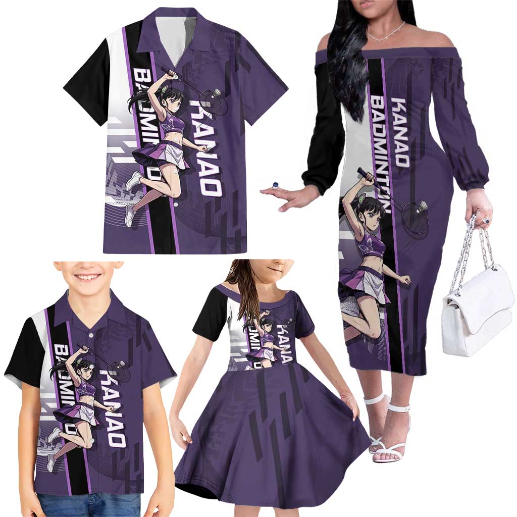 Personalized Shinazugawa Genya Demon Slayer Badminton Family Matching Off The Shoulder Long Sleeve Dress and Hawaiian Shirt with Racket Action Pose and Purple White Graphic Design