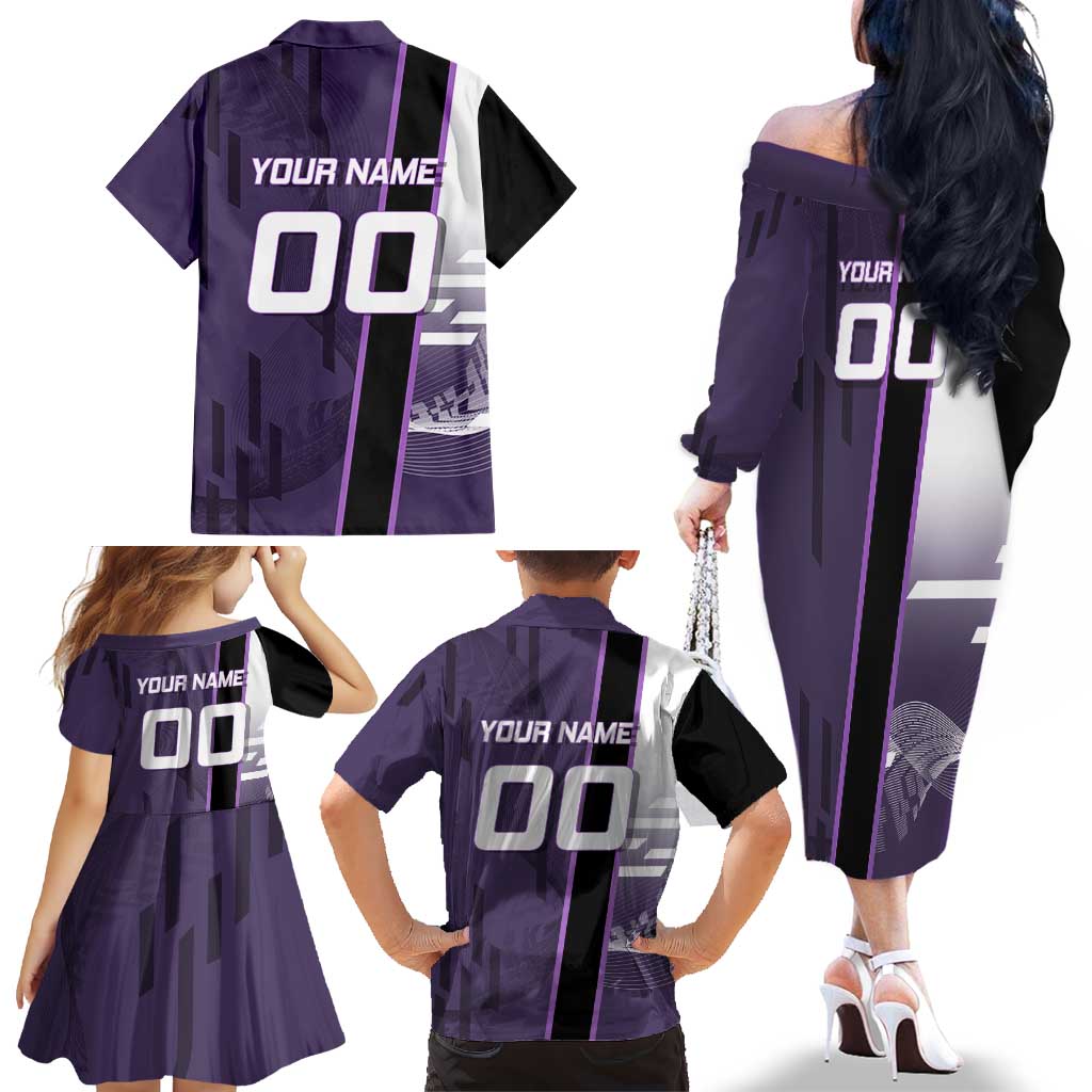Personalized Shinazugawa Genya Demon Slayer Badminton Family Matching Off The Shoulder Long Sleeve Dress and Hawaiian Shirt with Racket Action Pose and Purple White Graphic Design