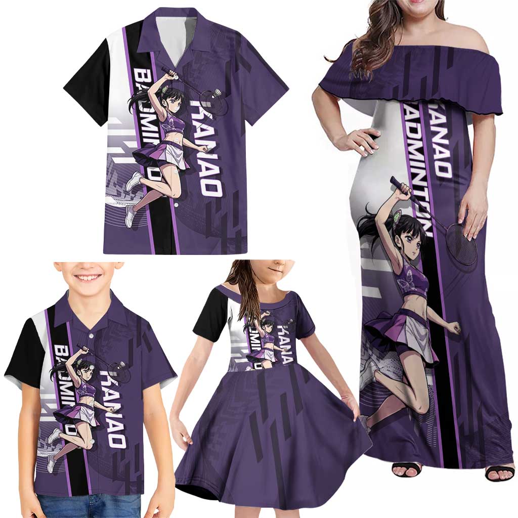 Personalized Shinazugawa Genya Demon Slayer Badminton Family Matching Off Shoulder Maxi Dress and Hawaiian Shirt with Racket Action Pose and Purple White Graphic Design