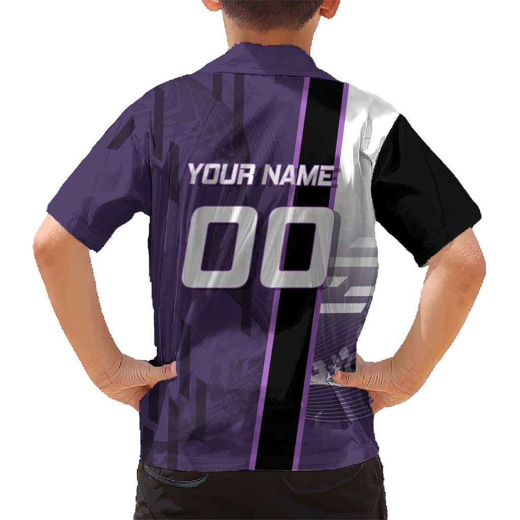 Personalized Shinazugawa Genya Demon Slayer Badminton Family Matching Off Shoulder Maxi Dress and Hawaiian Shirt with Racket Action Pose and Purple White Graphic Design