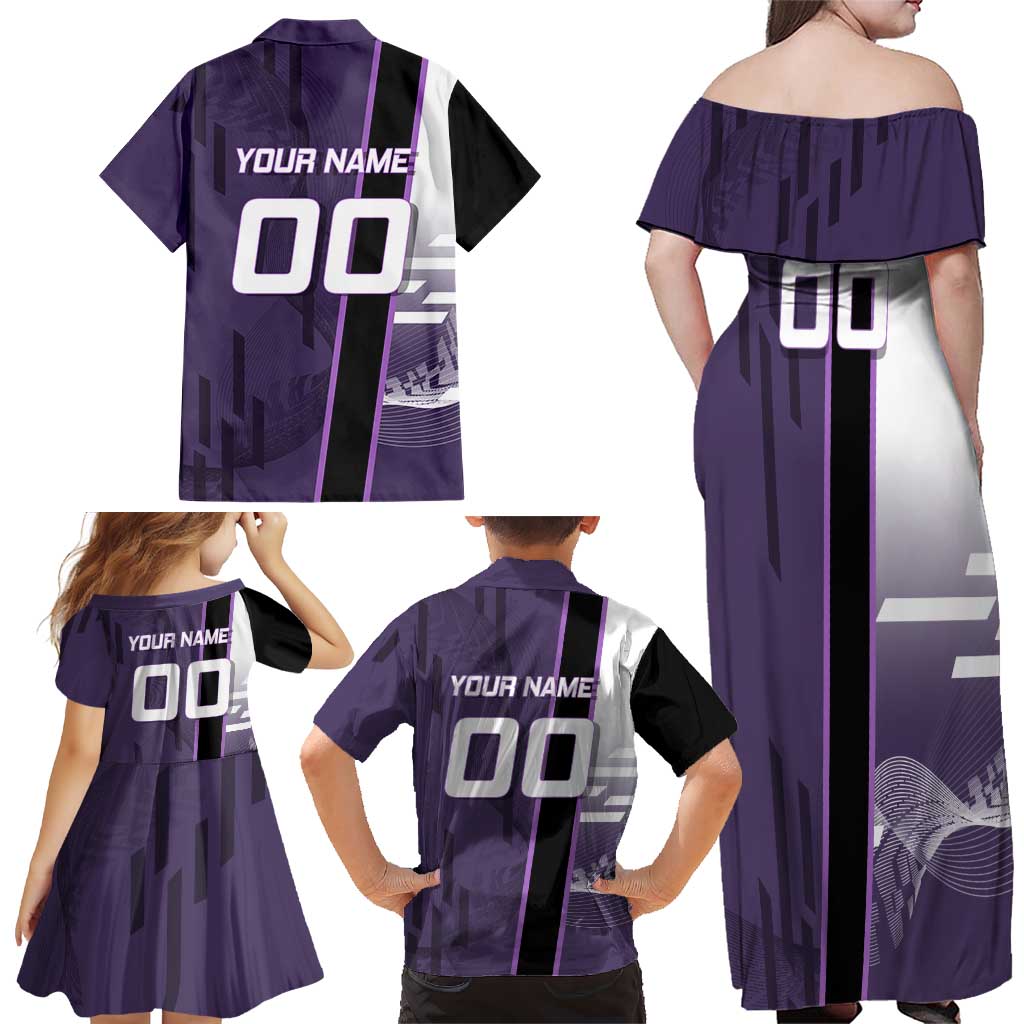 Personalized Shinazugawa Genya Demon Slayer Badminton Family Matching Off Shoulder Maxi Dress and Hawaiian Shirt with Racket Action Pose and Purple White Graphic Design