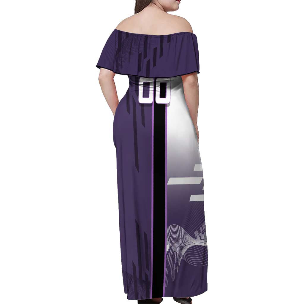 Personalized Shinazugawa Genya Demon Slayer Badminton Family Matching Off Shoulder Maxi Dress and Hawaiian Shirt with Racket Action Pose and Purple White Graphic Design