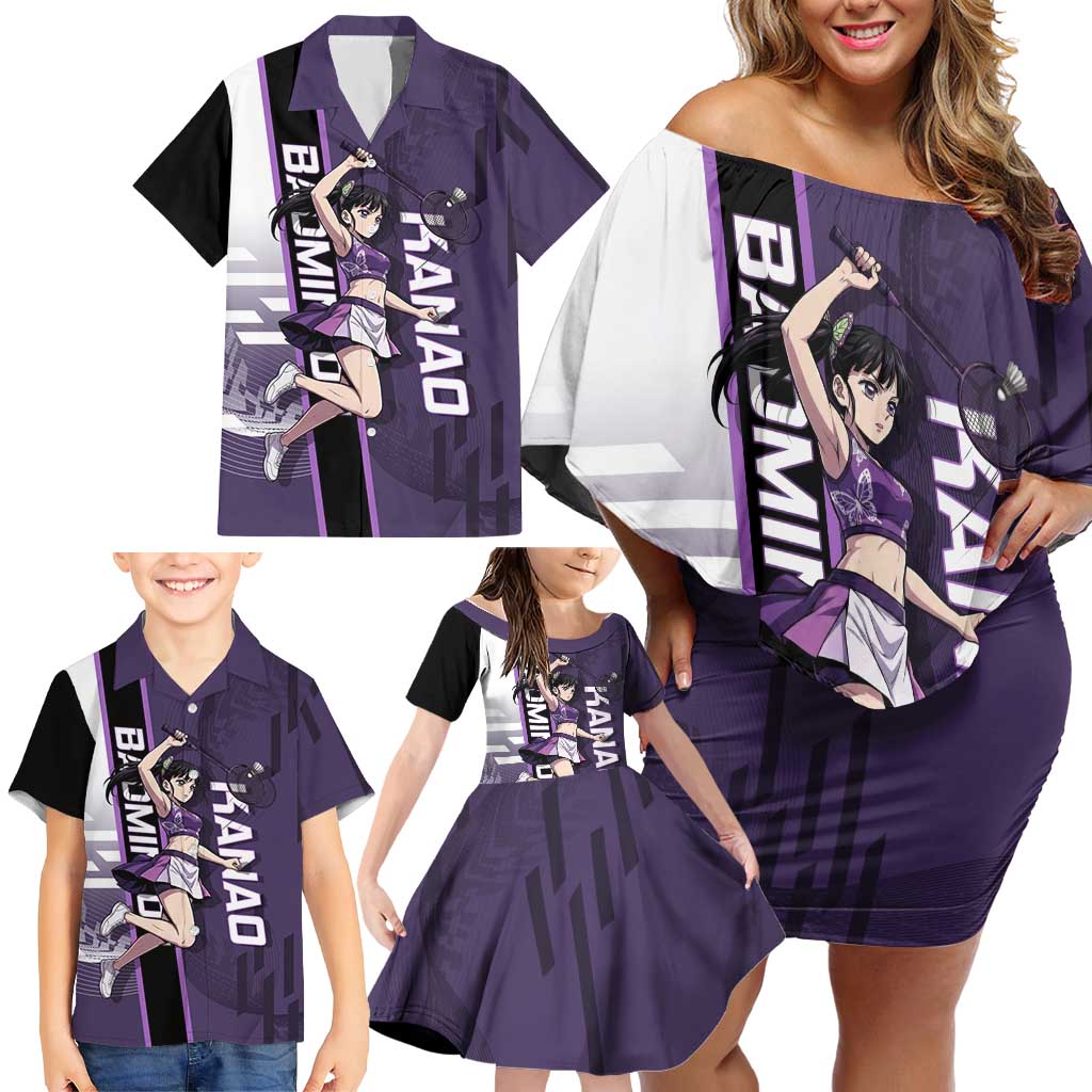 Personalized Shinazugawa Genya Demon Slayer Badminton Family Matching Off Shoulder Short Dress and Hawaiian Shirt with Racket Action Pose and Purple White Graphic Design