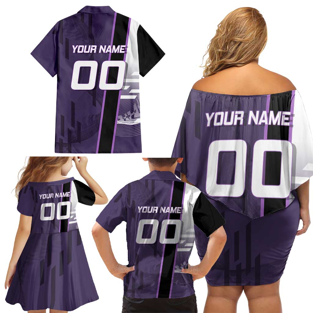 Personalized Shinazugawa Genya Demon Slayer Badminton Family Matching Off Shoulder Short Dress and Hawaiian Shirt with Racket Action Pose and Purple White Graphic Design