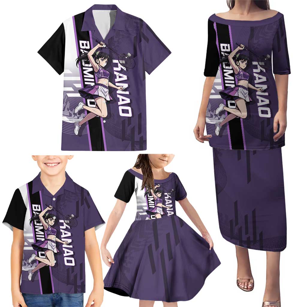 Personalized Shinazugawa Genya Demon Slayer Badminton Family Matching Puletasi and Hawaiian Shirt with Racket Action Pose and Purple White Graphic Design