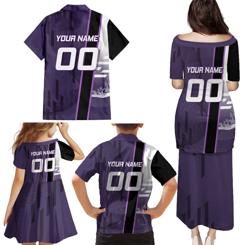 Personalized Shinazugawa Genya Demon Slayer Badminton Family Matching Puletasi and Hawaiian Shirt with Racket Action Pose and Purple White Graphic Design