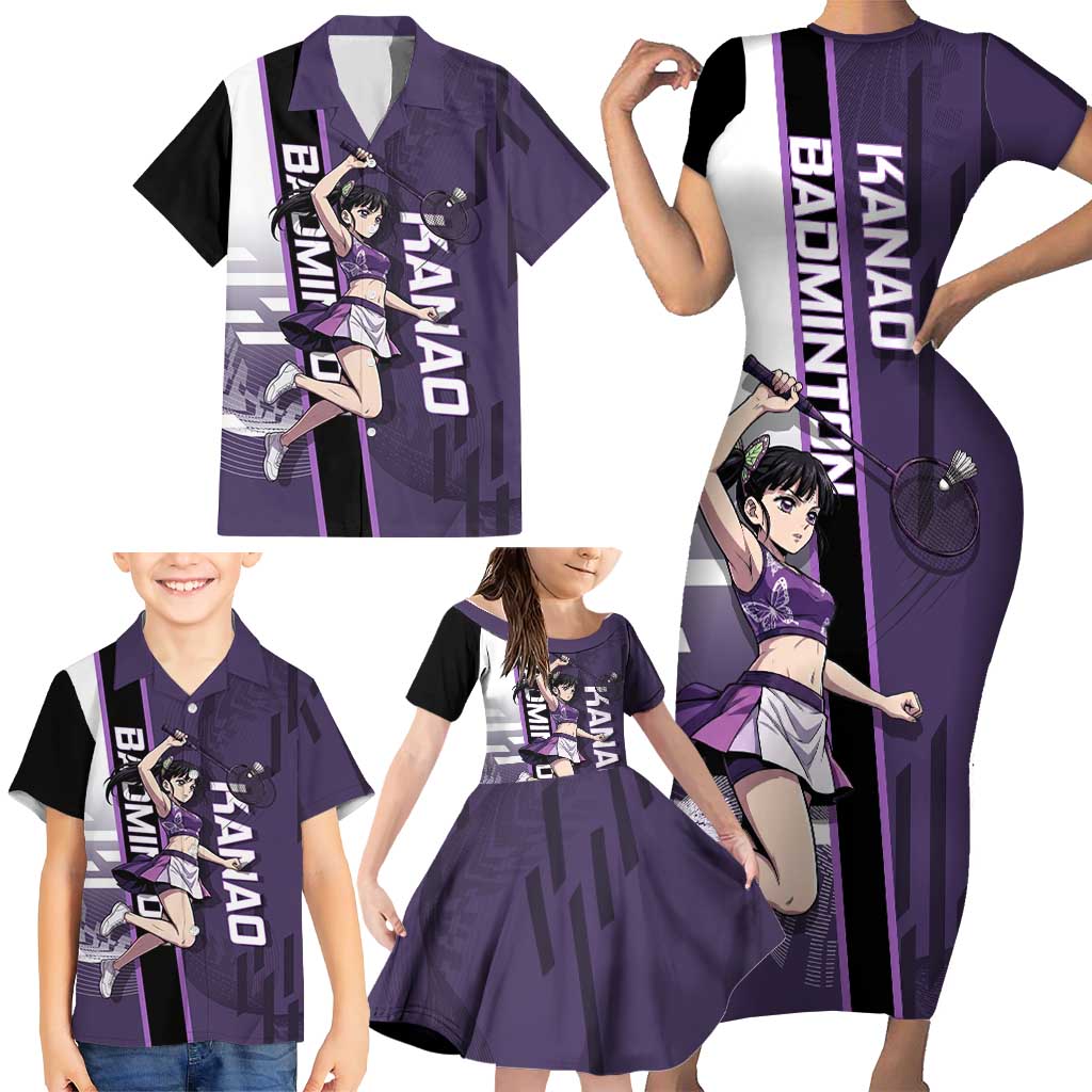 Personalized Shinazugawa Genya Demon Slayer Badminton Family Matching Short Sleeve Bodycon Dress and Hawaiian Shirt with Racket Action Pose and Purple White Graphic Design