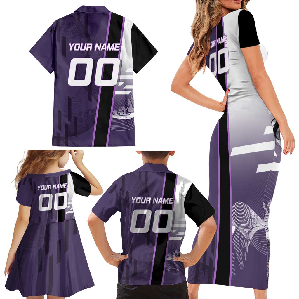 Personalized Shinazugawa Genya Demon Slayer Badminton Family Matching Short Sleeve Bodycon Dress and Hawaiian Shirt with Racket Action Pose and Purple White Graphic Design