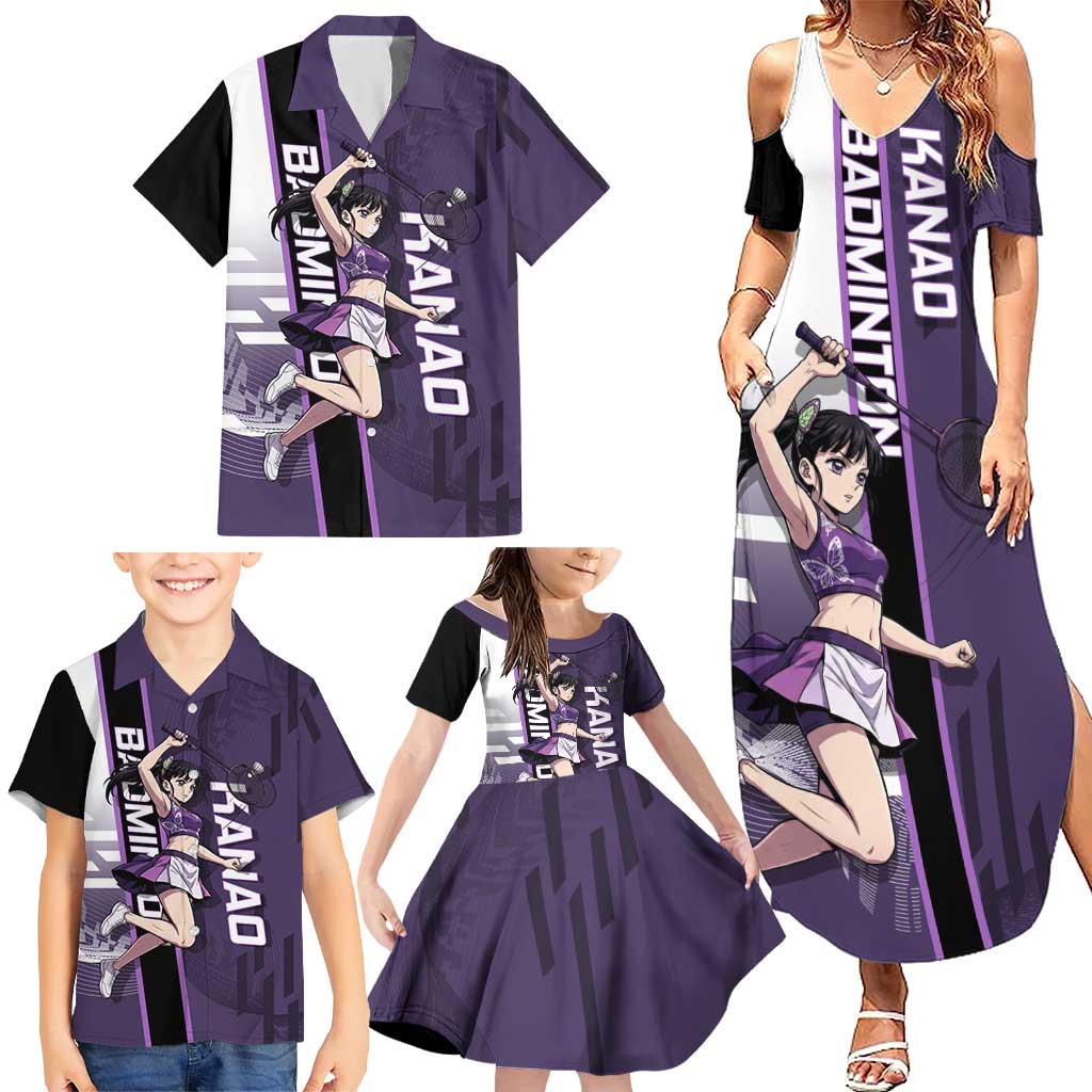 Personalized Shinazugawa Genya Demon Slayer Badminton Family Matching Summer Maxi Dress and Hawaiian Shirt with Racket Action Pose and Purple White Graphic Design