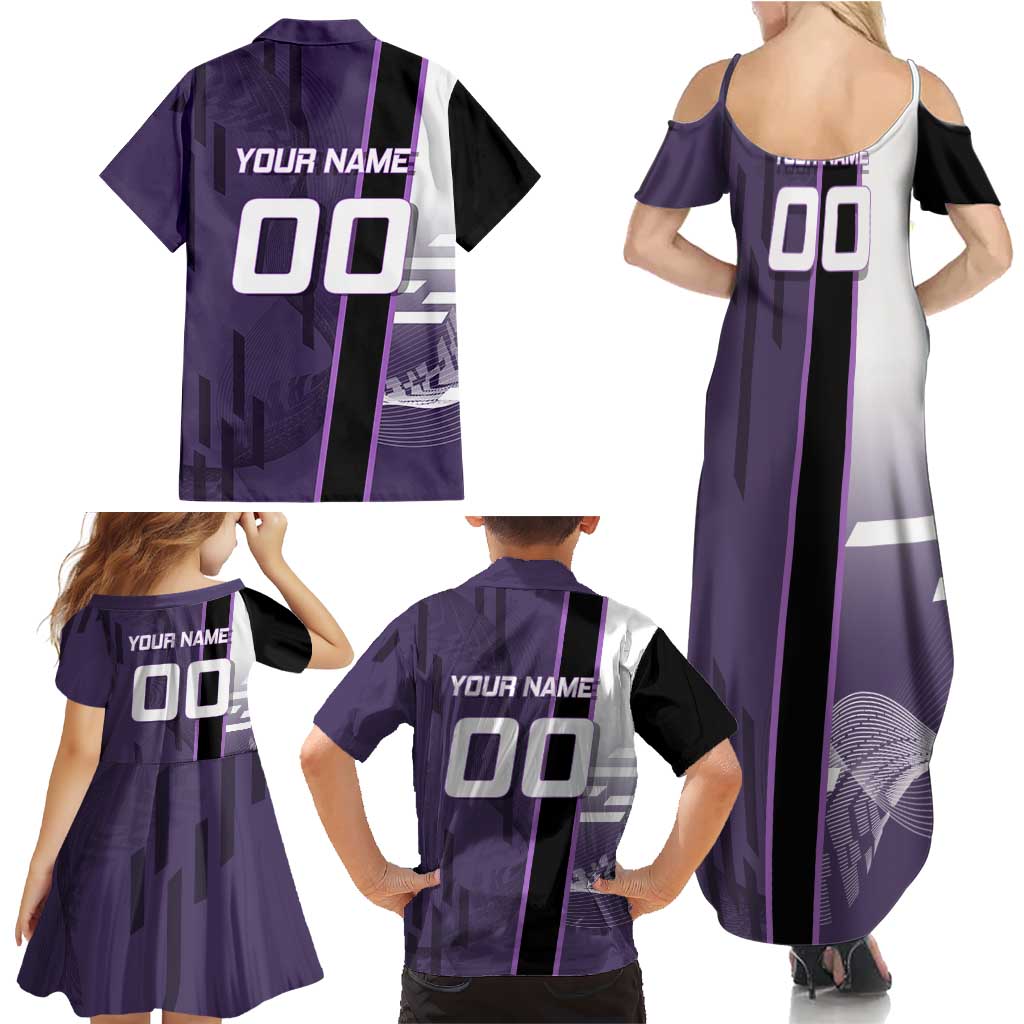 Personalized Shinazugawa Genya Demon Slayer Badminton Family Matching Summer Maxi Dress and Hawaiian Shirt with Racket Action Pose and Purple White Graphic Design