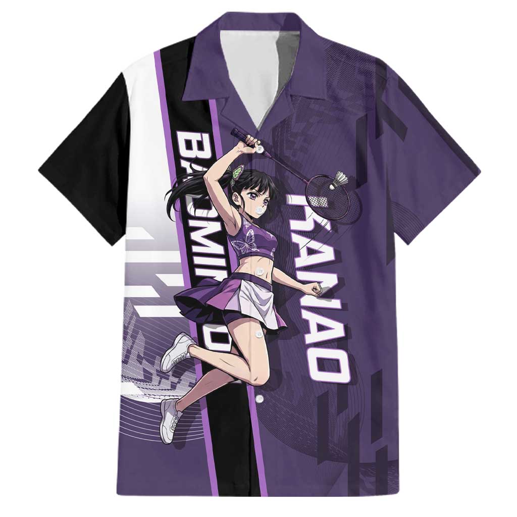 Personalized Shinazugawa Genya Demon Slayer Badminton Family Matching Summer Maxi Dress and Hawaiian Shirt with Racket Action Pose and Purple White Graphic Design
