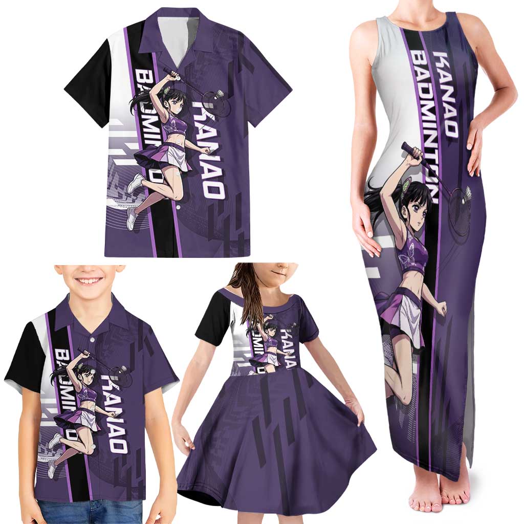 Personalized Shinazugawa Genya Demon Slayer Badminton Family Matching Tank Maxi Dress and Hawaiian Shirt with Racket Action Pose and Purple White Graphic Design