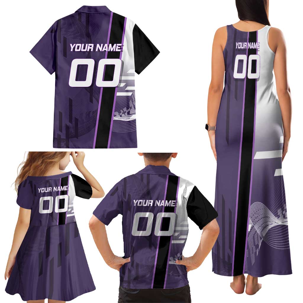 Personalized Shinazugawa Genya Demon Slayer Badminton Family Matching Tank Maxi Dress and Hawaiian Shirt with Racket Action Pose and Purple White Graphic Design