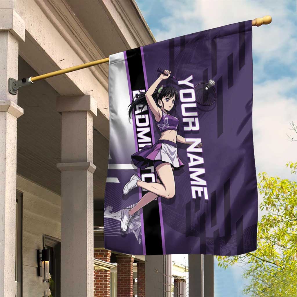 Personalized Shinazugawa Genya Demon Slayer Badminton Garden Flag with Racket Action Pose and Purple White Graphic Design - The Mazicc