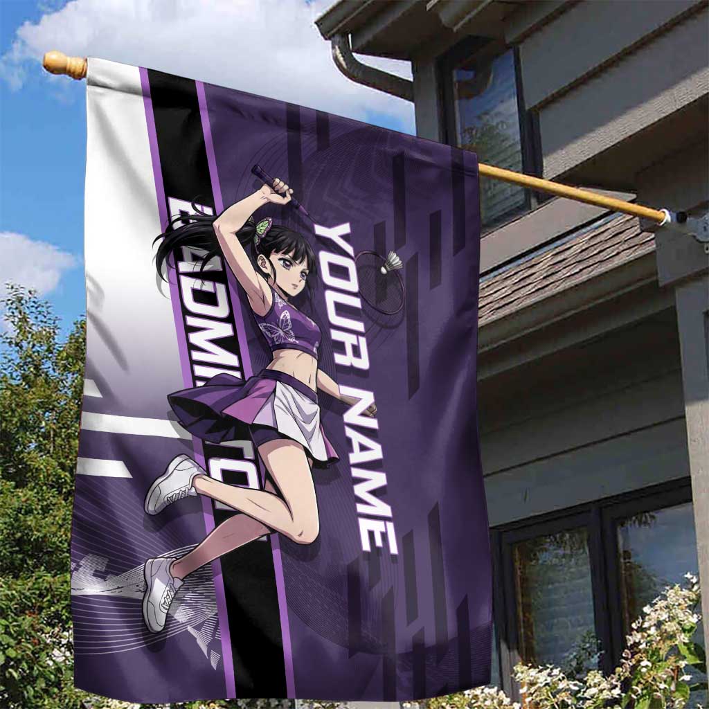 Personalized Shinazugawa Genya Demon Slayer Badminton Garden Flag with Racket Action Pose and Purple White Graphic Design - The Mazicc