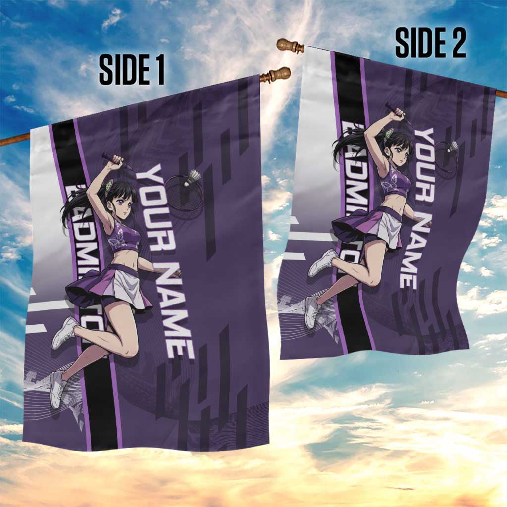 Personalized Shinazugawa Genya Demon Slayer Badminton Garden Flag with Racket Action Pose and Purple White Graphic Design - The Mazicc