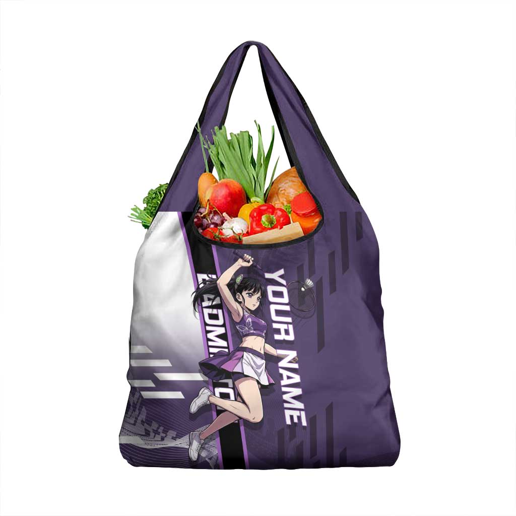 Personalized Shinazugawa Genya Demon Slayer Badminton Grocery Bag with Racket Action Pose and Purple White Graphic Design - The Mazicc