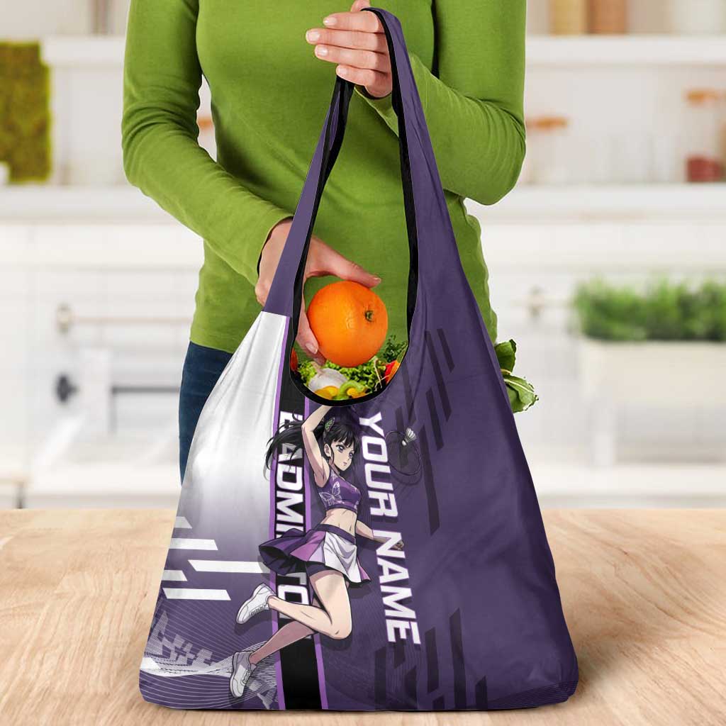Personalized Shinazugawa Genya Demon Slayer Badminton Grocery Bag with Racket Action Pose and Purple White Graphic Design - The Mazicc