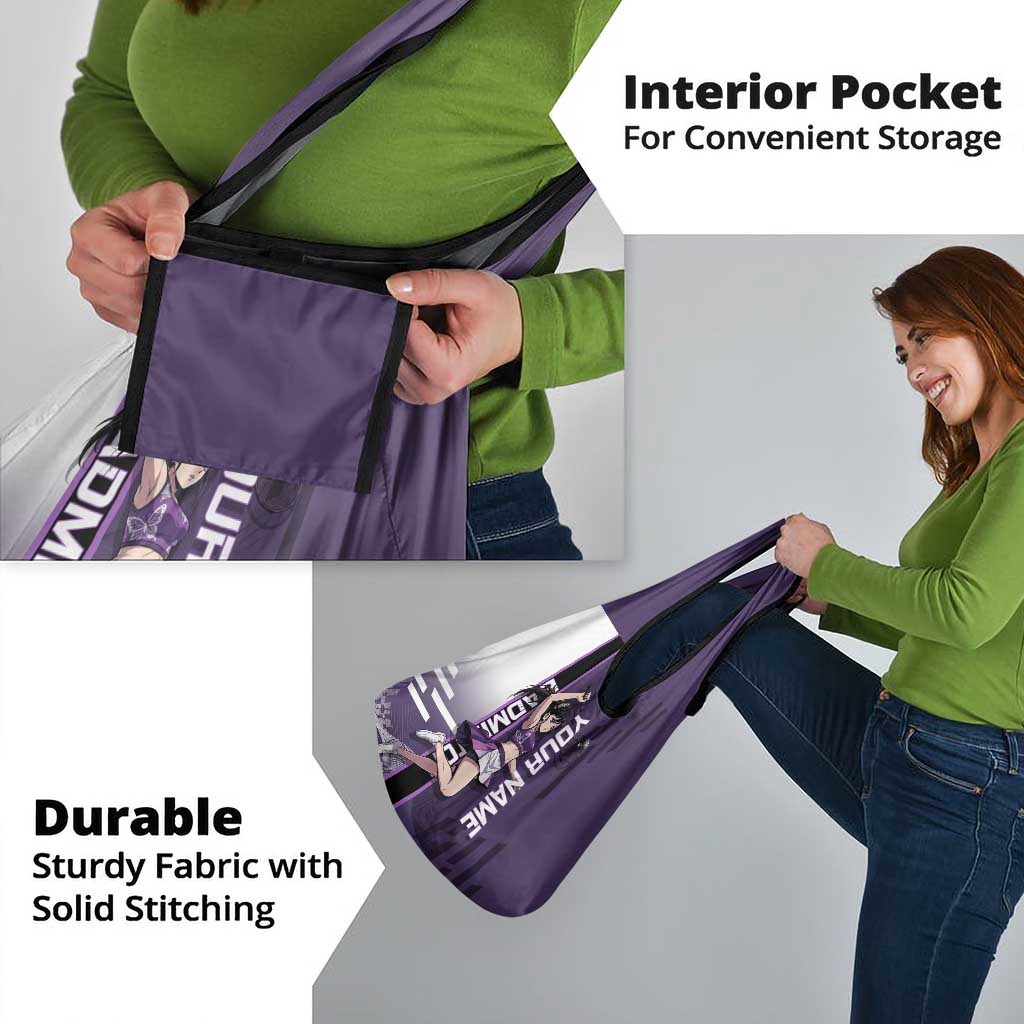 Personalized Shinazugawa Genya Demon Slayer Badminton Grocery Bag with Racket Action Pose and Purple White Graphic Design - The Mazicc