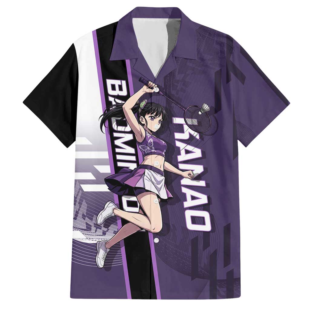 Personalized Shinazugawa Genya Demon Slayer Badminton Hawaiian Shirt with Racket Action Pose and Purple White Graphic Design - The Mazicc