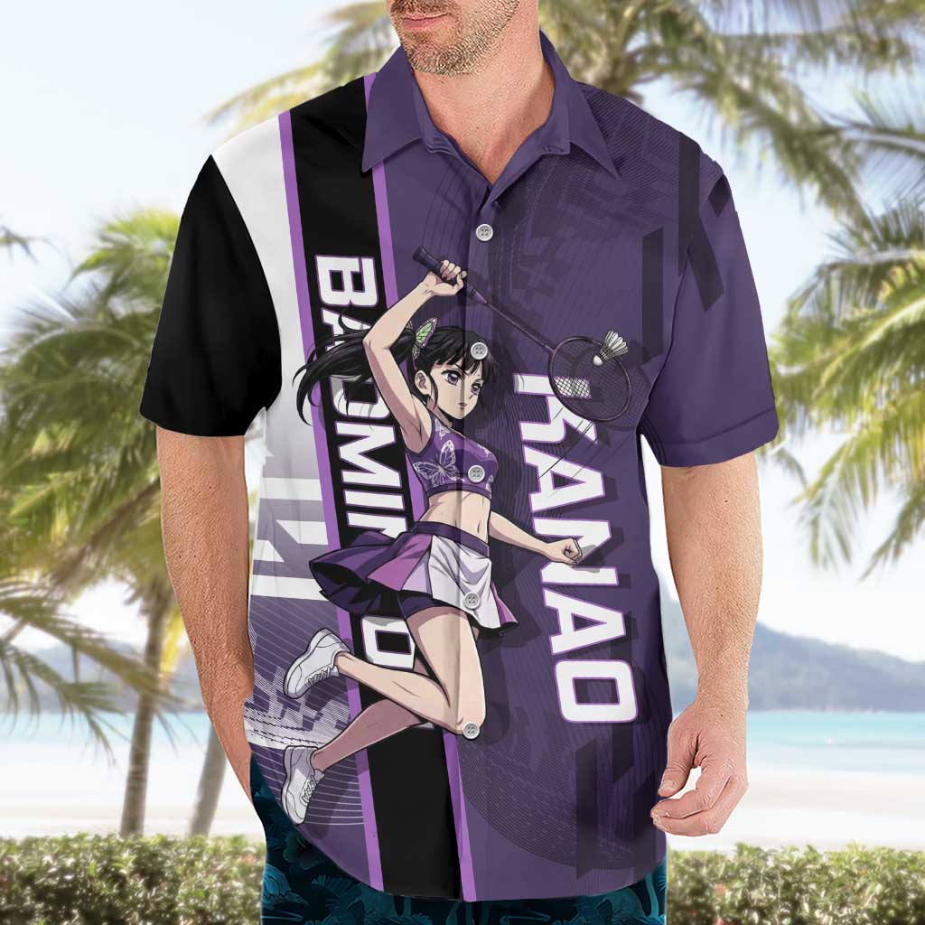 Personalized Shinazugawa Genya Demon Slayer Badminton Hawaiian Shirt with Racket Action Pose and Purple White Graphic Design - The Mazicc
