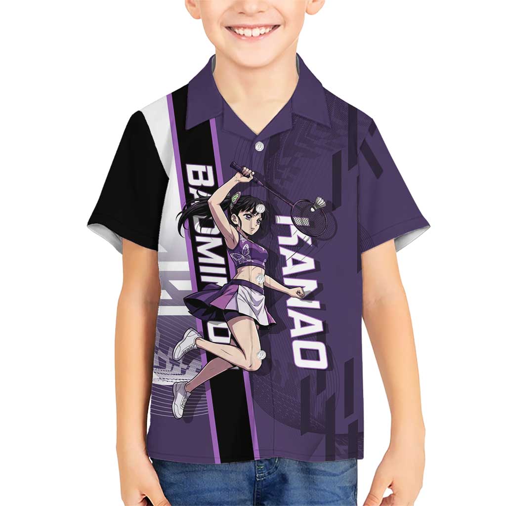 Personalized Shinazugawa Genya Demon Slayer Badminton Hawaiian Shirt with Racket Action Pose and Purple White Graphic Design - The Mazicc