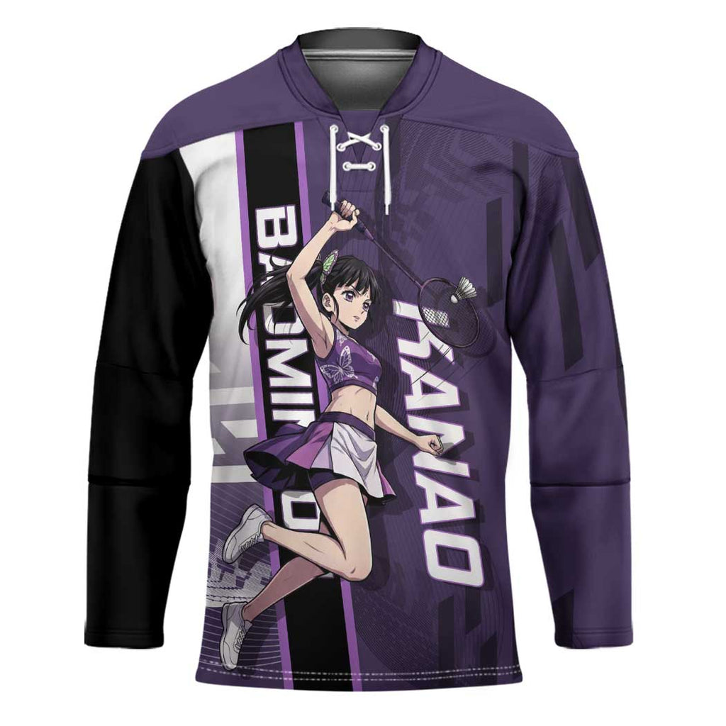 Personalized Shinazugawa Genya Demon Slayer Badminton Hockey Jersey with Racket Action Pose and Purple White Graphic Design - The Mazicc