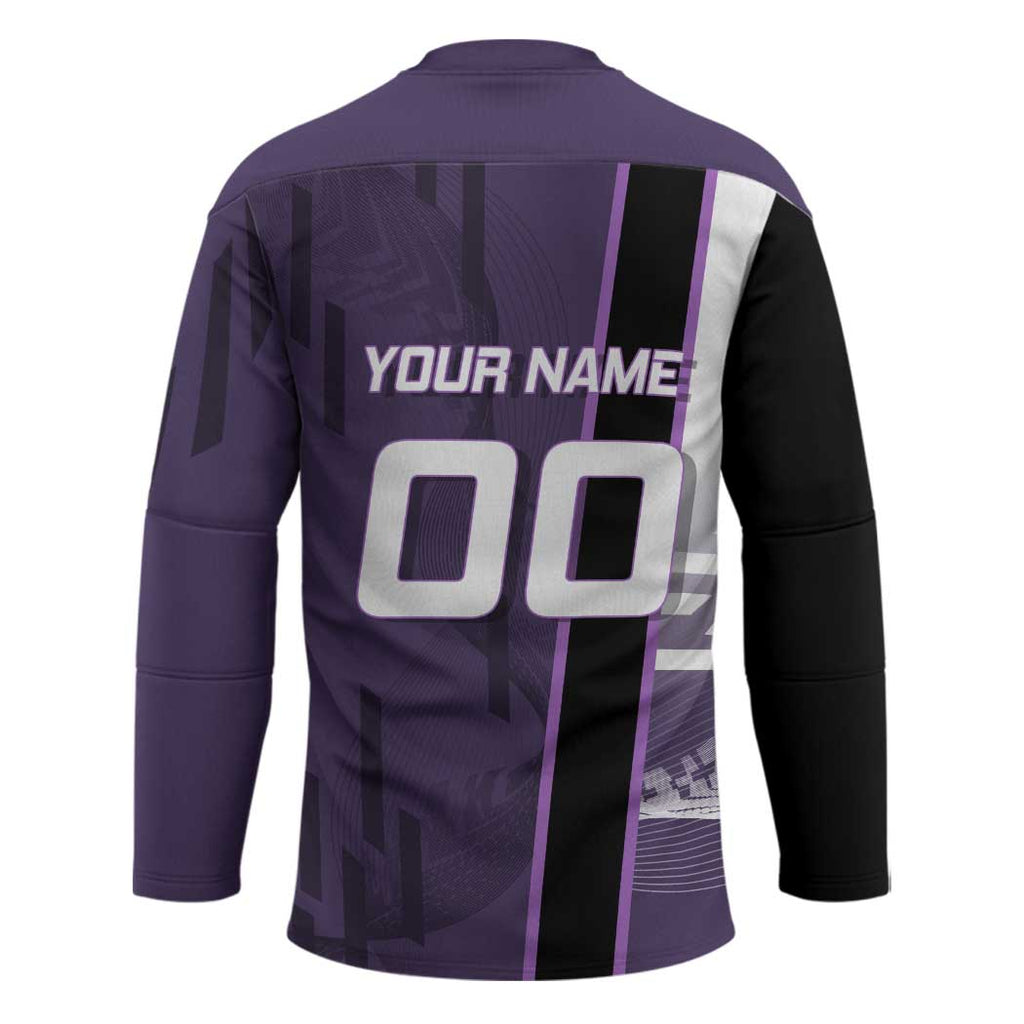 Personalized Shinazugawa Genya Demon Slayer Badminton Hockey Jersey with Racket Action Pose and Purple White Graphic Design - The Mazicc