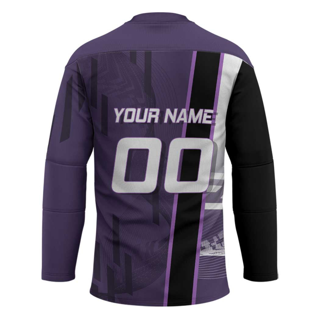 Personalized Shinazugawa Genya Demon Slayer Badminton Hockey Jersey with Racket Action Pose and Purple White Graphic Design - The Mazicc