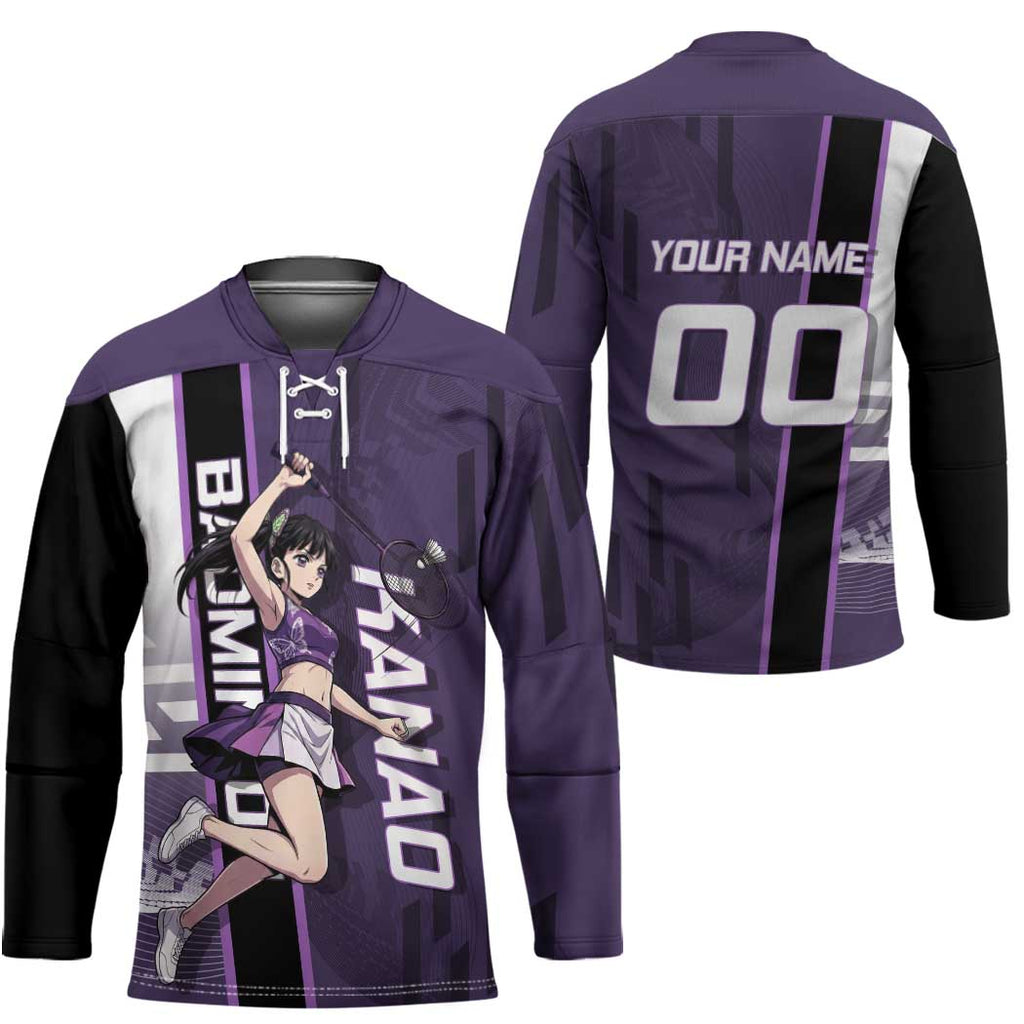 Personalized Shinazugawa Genya Demon Slayer Badminton Hockey Jersey with Racket Action Pose and Purple White Graphic Design - The Mazicc