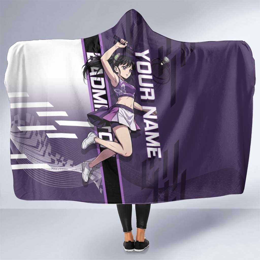 Personalized Shinazugawa Genya Demon Slayer Badminton Hooded Blanket with Racket Action Pose and Purple White Graphic Design - The Mazicc
