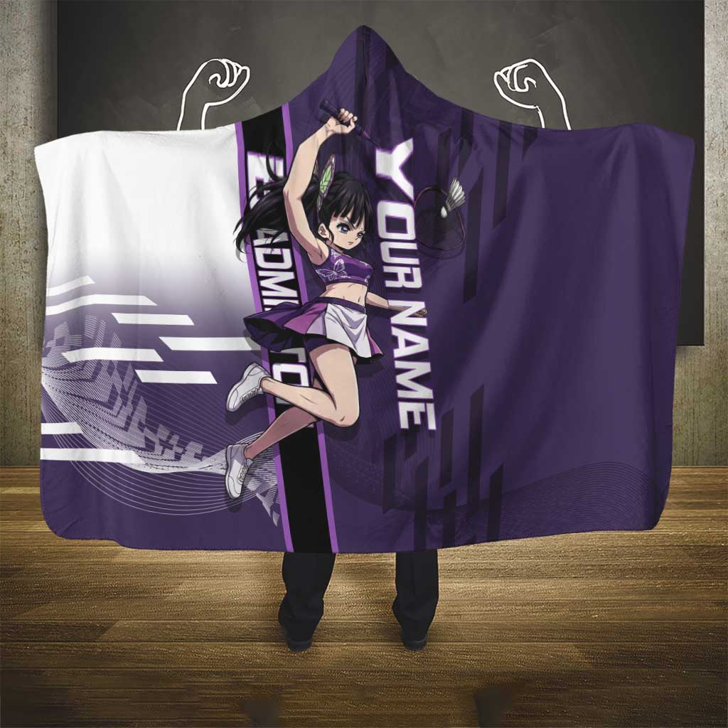 Personalized Shinazugawa Genya Demon Slayer Badminton Hooded Blanket with Racket Action Pose and Purple White Graphic Design - The Mazicc